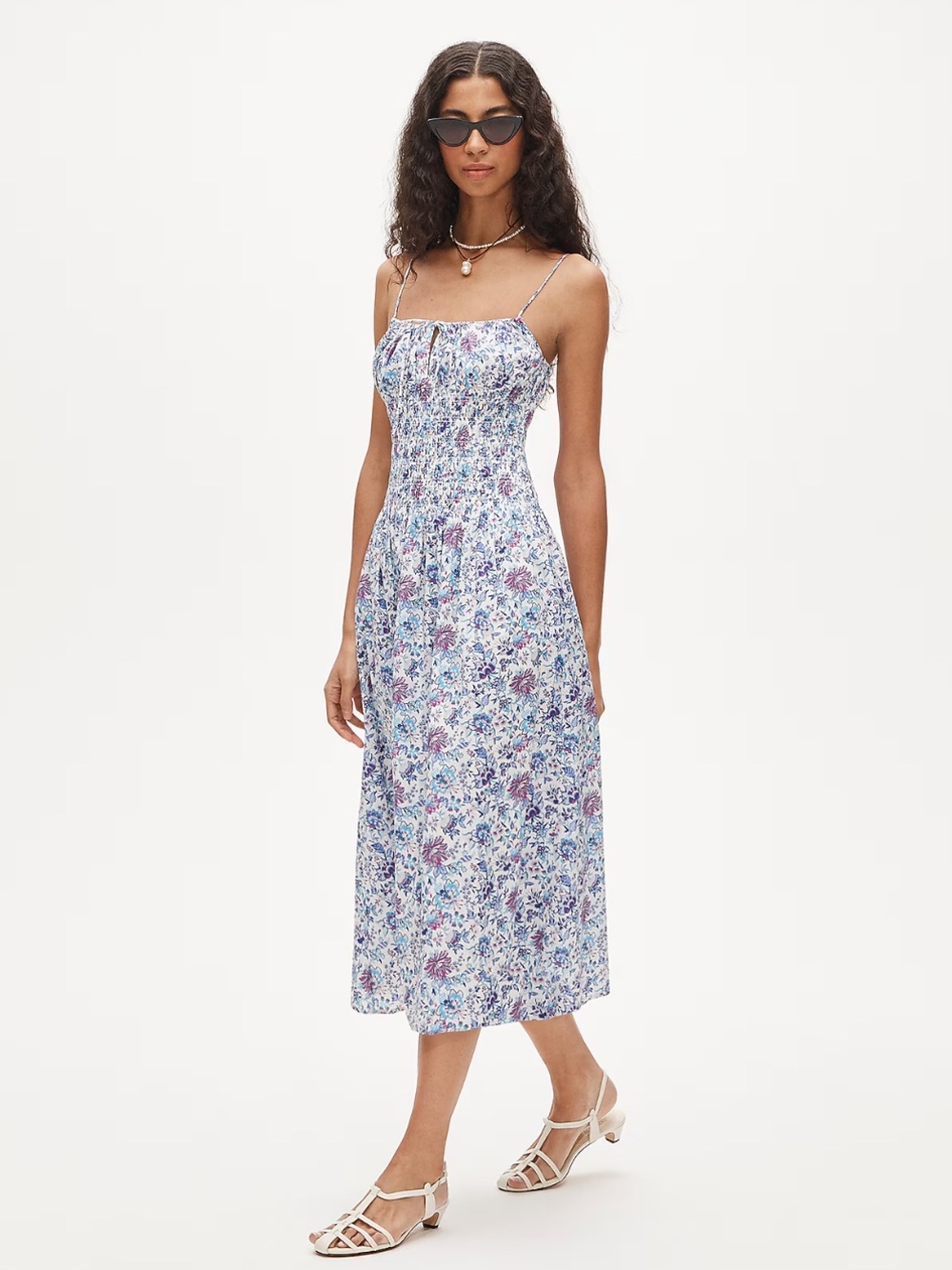 J. Crew Blue and Lilac Floral Smocked Midi Dress